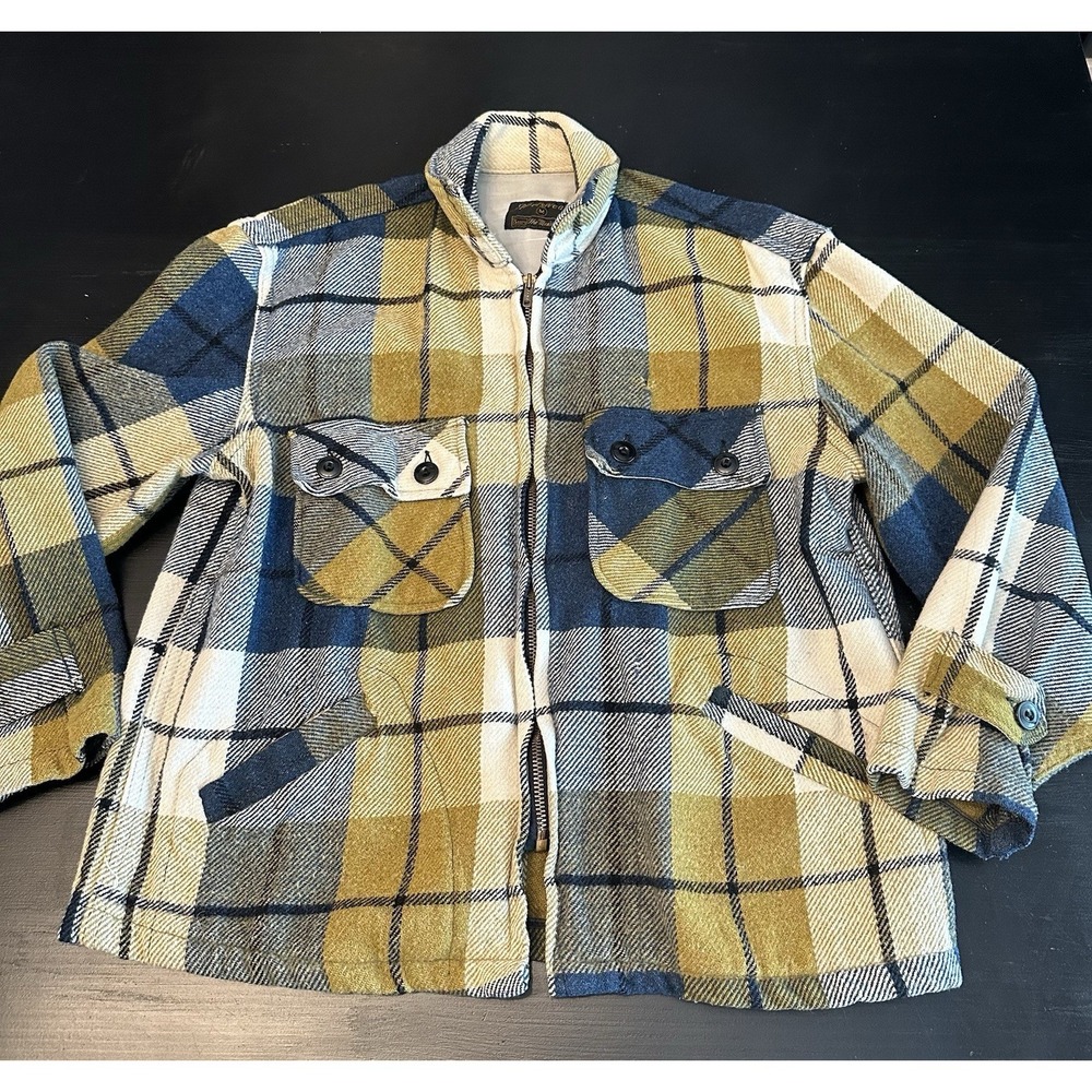 Vintage Men's Sears Sportwear‎ Plaid Blue / Tan/ White Zip Flannel Size Medium